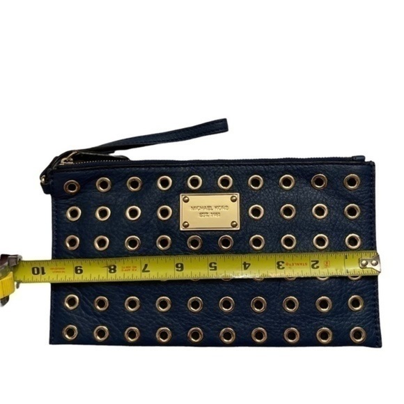 Michael kor large blue leather gold grommet wristlet bag